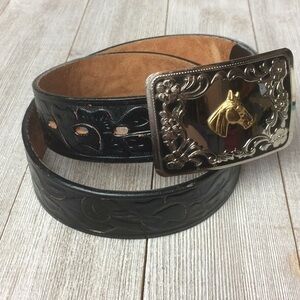 Burton Floral Tooled Black Leather Horse Belt